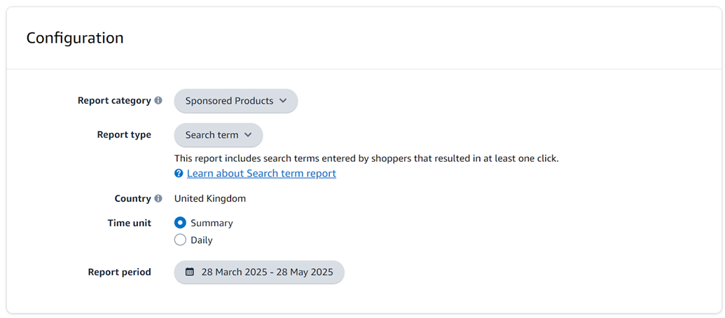 Screenshot of creating an Amazon Ads Search Term report